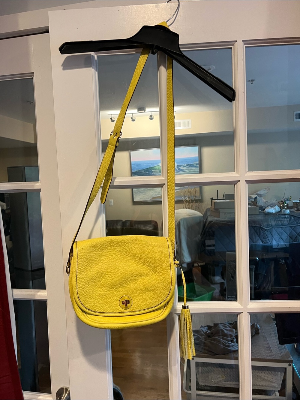 Isaac Mizrahi Bright Yellow Leather Crossbody Saddle Bag with Tassel